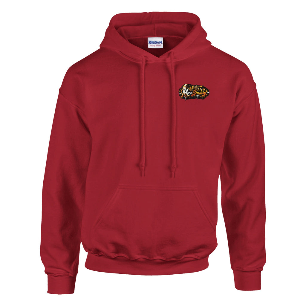 Red hoodie with a logo on the chest against a white background