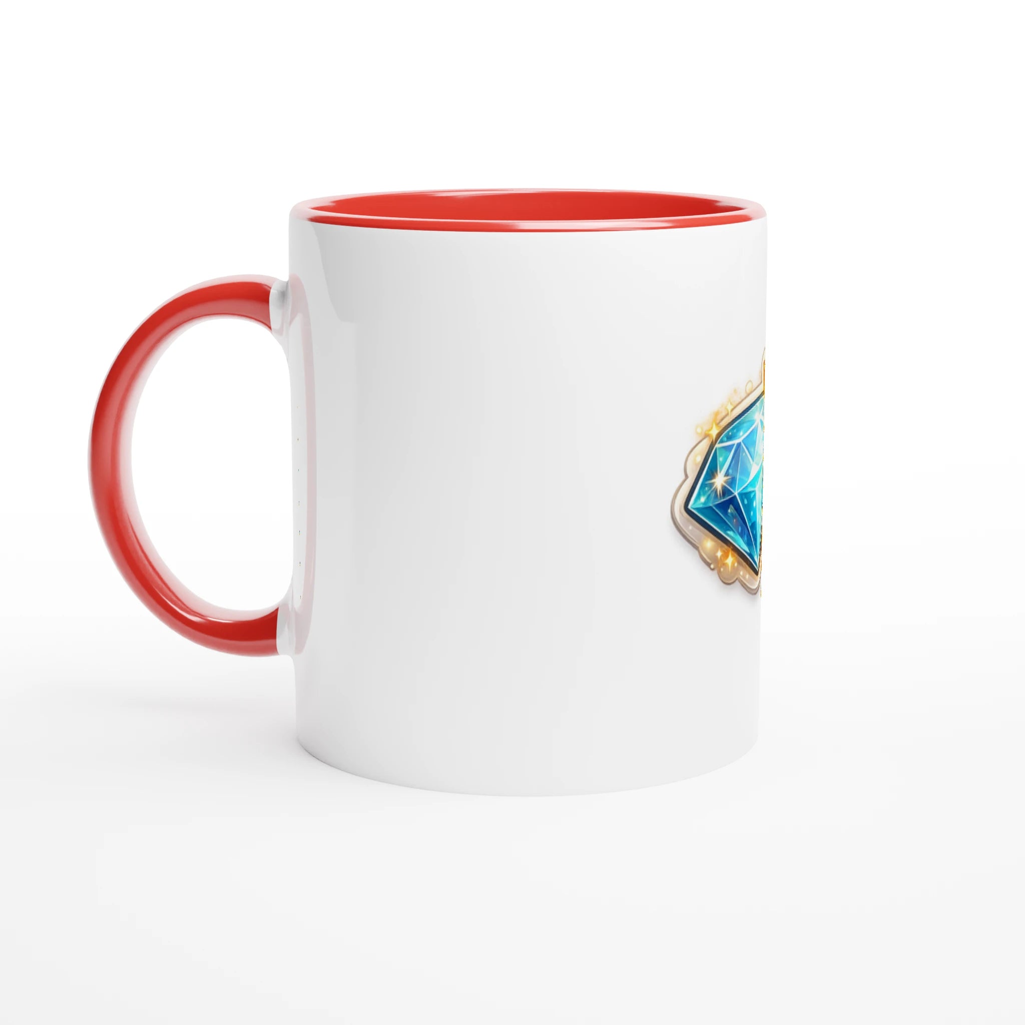 White mug with red handle and interior, featuring a blue and gold emblem on a white background
