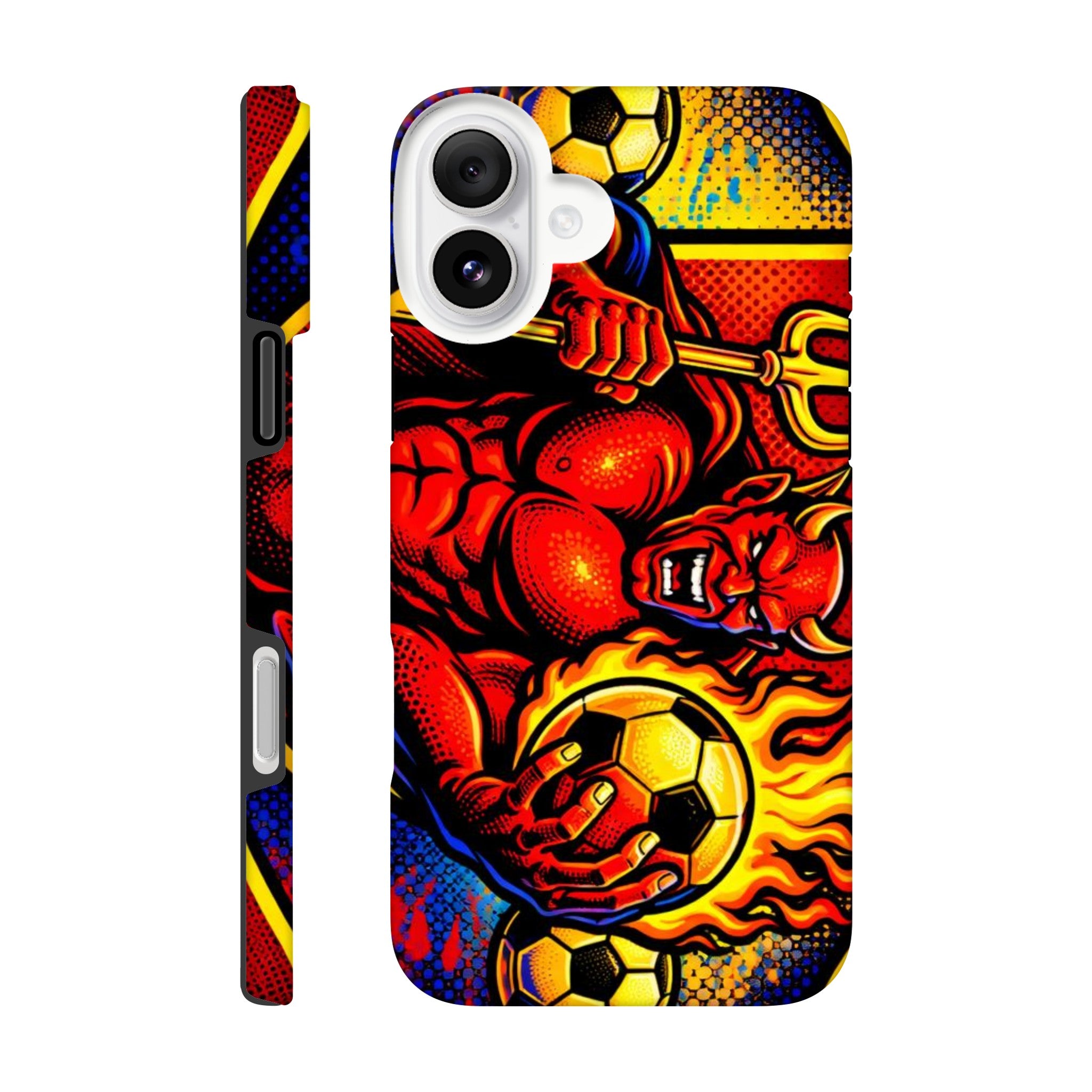 Phone case with colorful design featuring a soccer ball and other elements on a white background