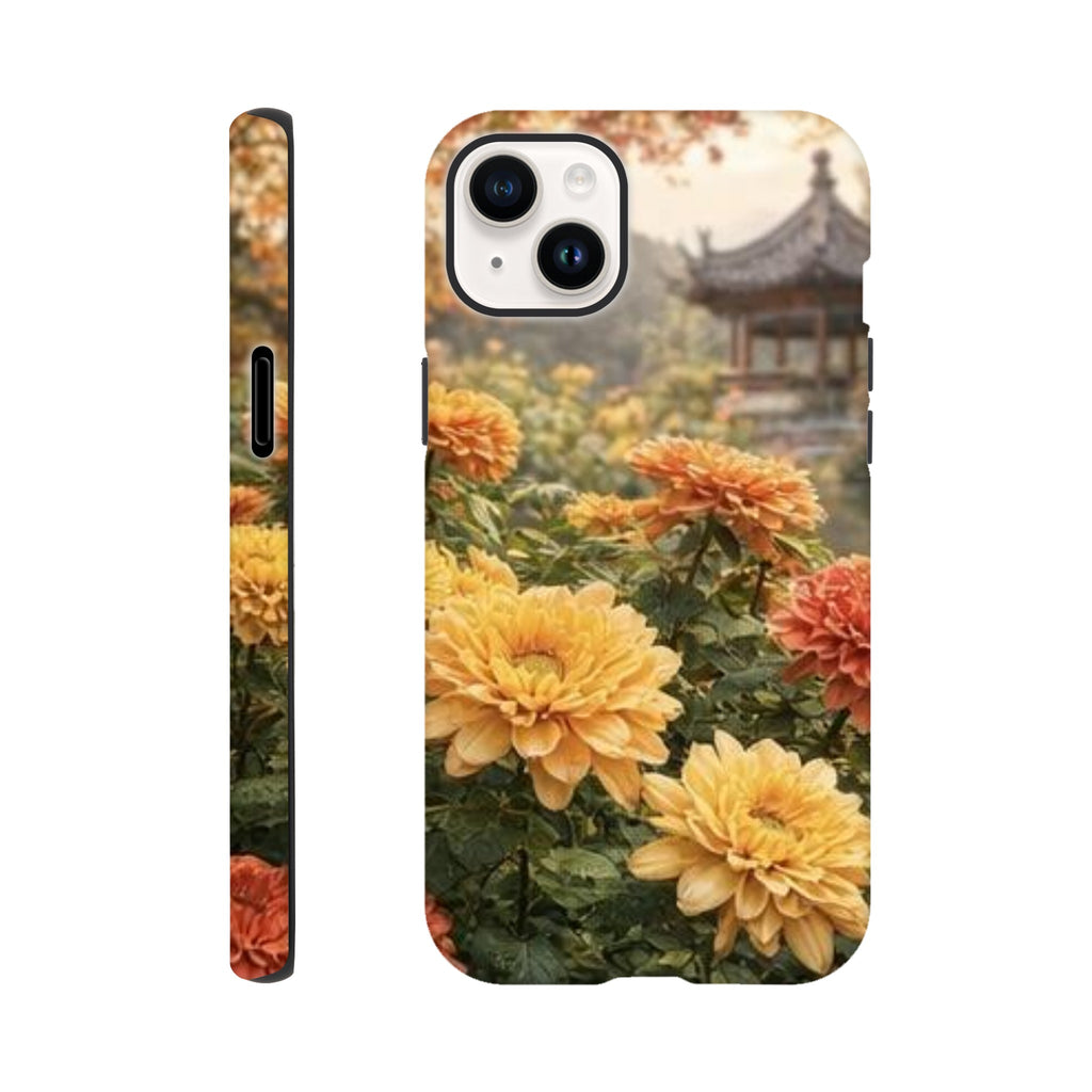 Phone case with yellow flowers and traditional architecture in the background