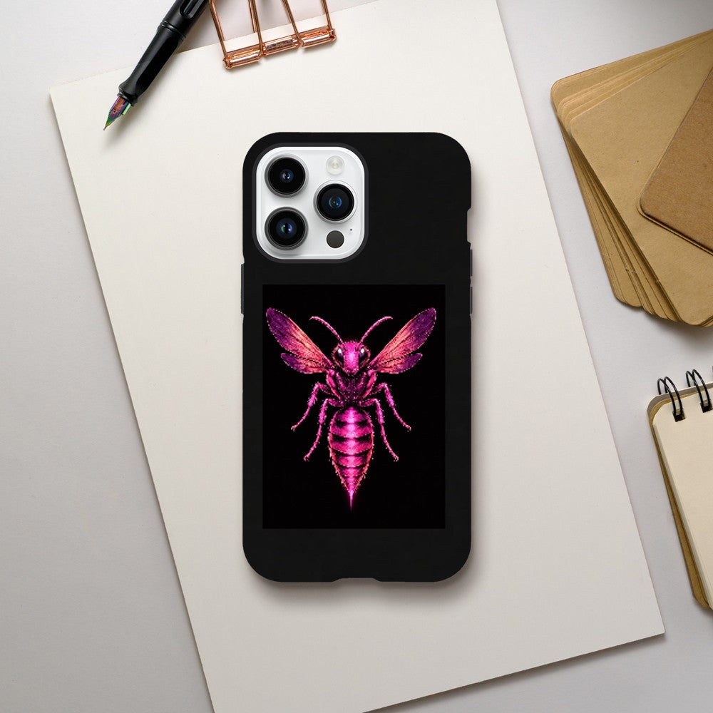 Phone case with pink insect design on a white surface