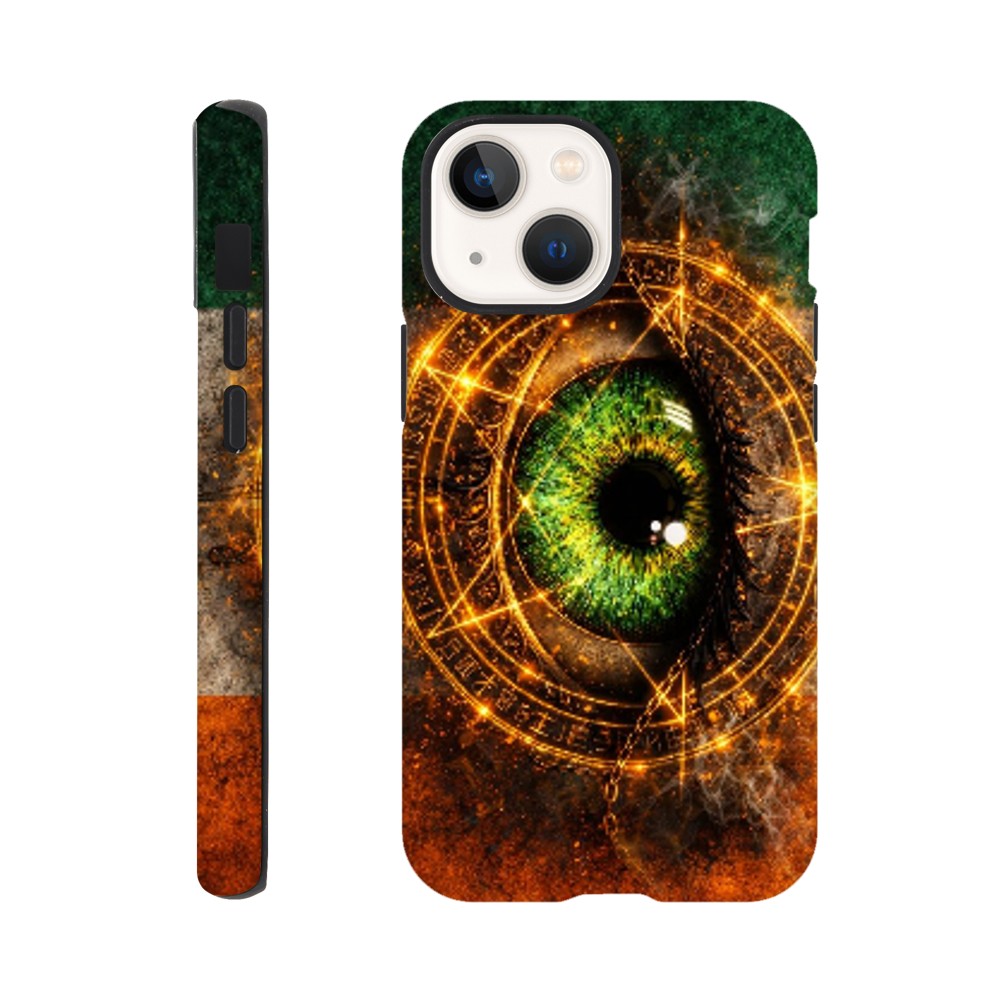 Phone case with eye design and mystical symbols on a white background