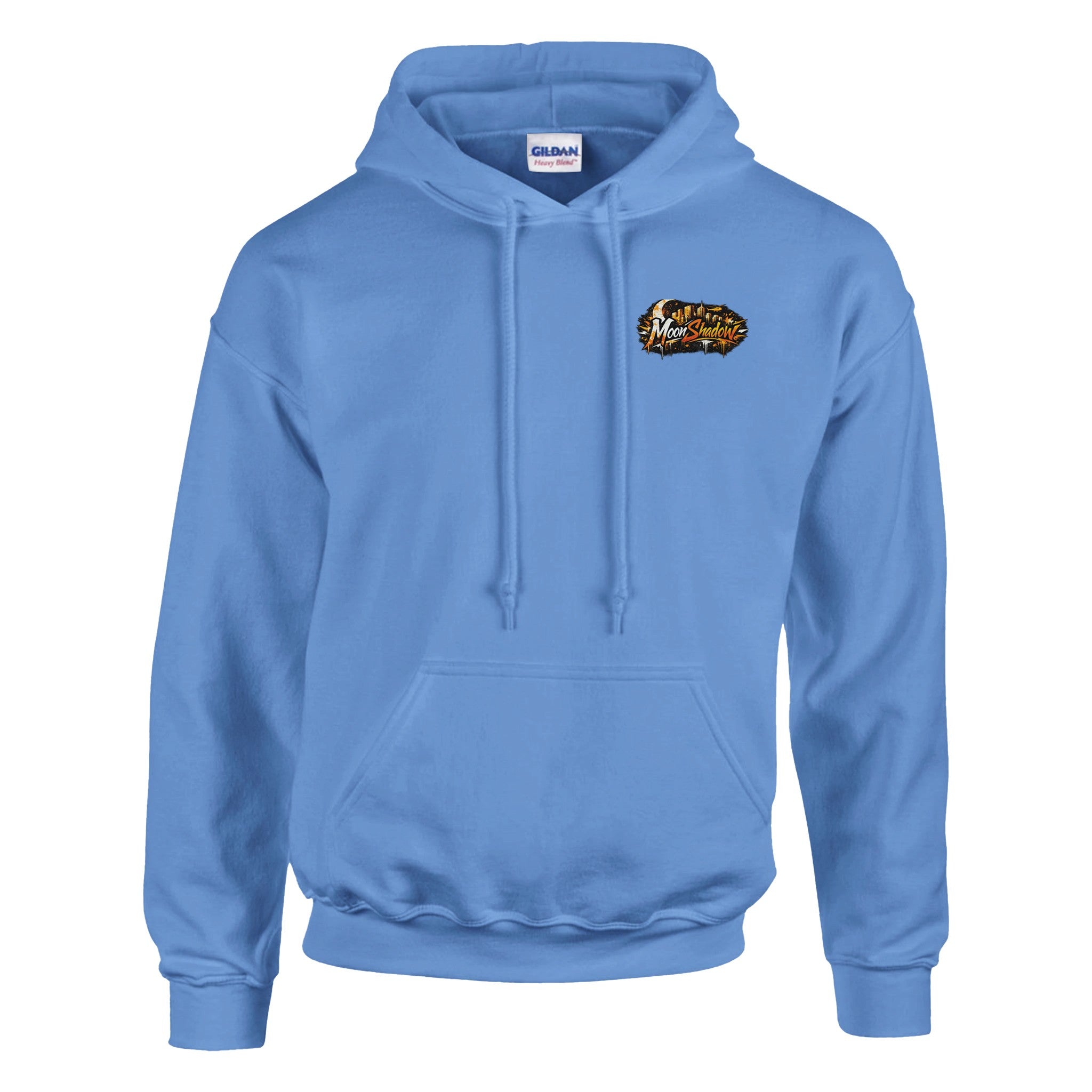 Blue hoodie with a logo on the chest against a white background