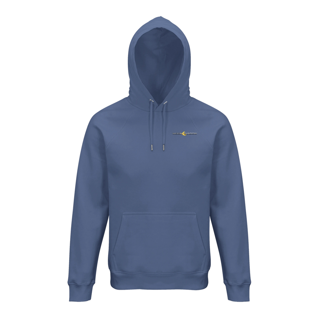 Blue hoodie with a small logo on a white background