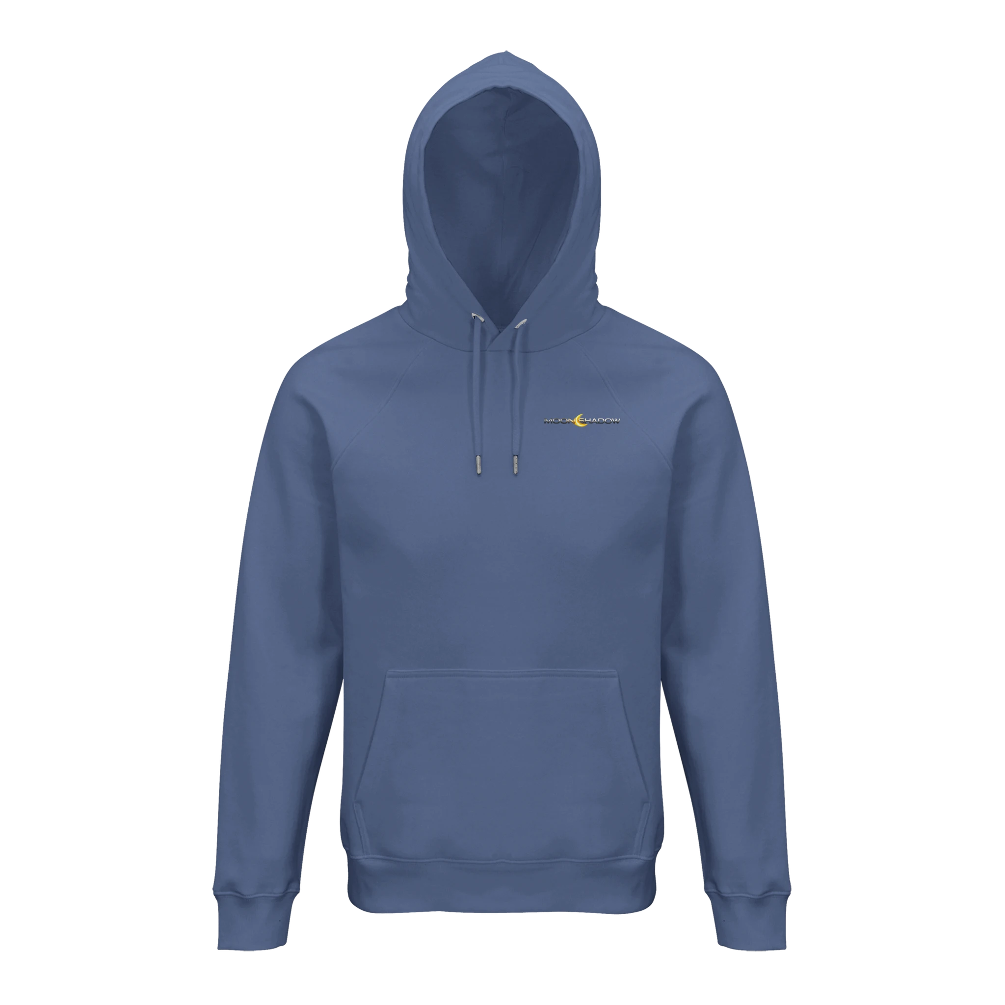 Blue hoodie with a small logo on a white background