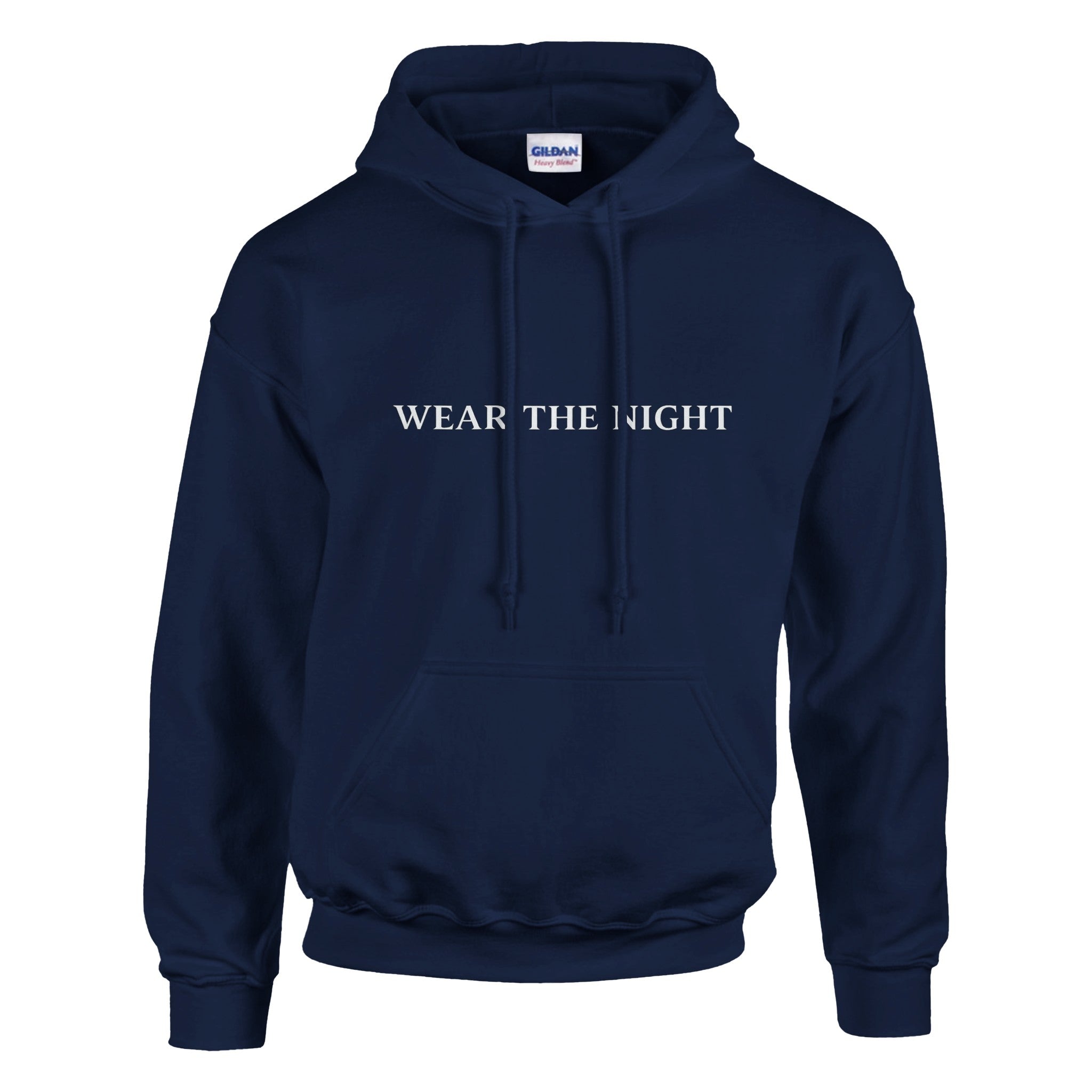 Navy blue hoodie with a logo on the chest against a white background