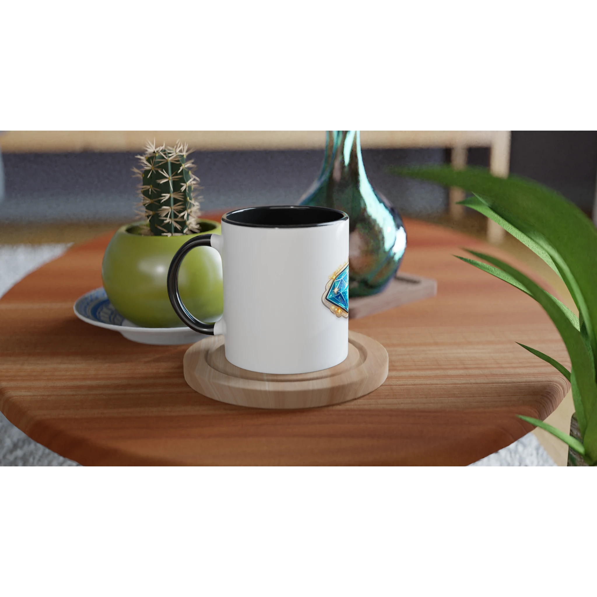 White mug with black interior on a wooden coaster on a table with decorative items.
