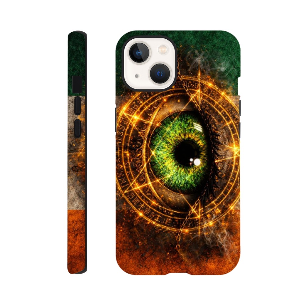 Phone case with eye design and mystical symbols on a white background