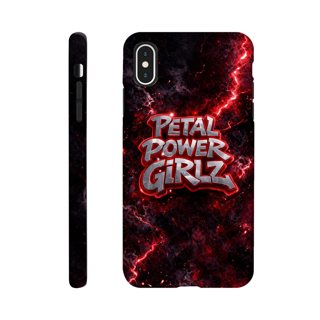 Phone case with 'Petal Power Girlz' design on a dark background with red accents