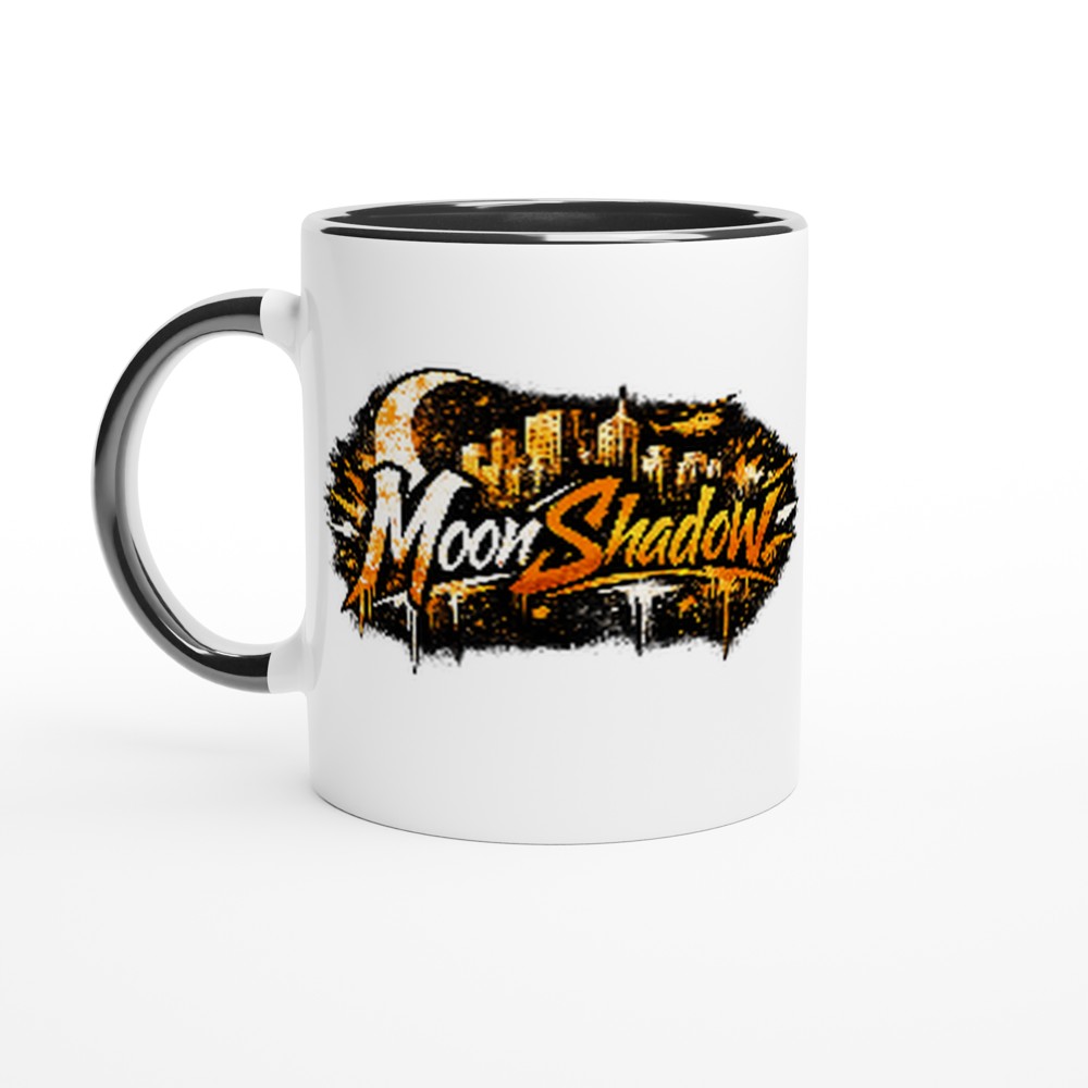 White mug with black interior and handle, featuring 'MoonShadow' logo.