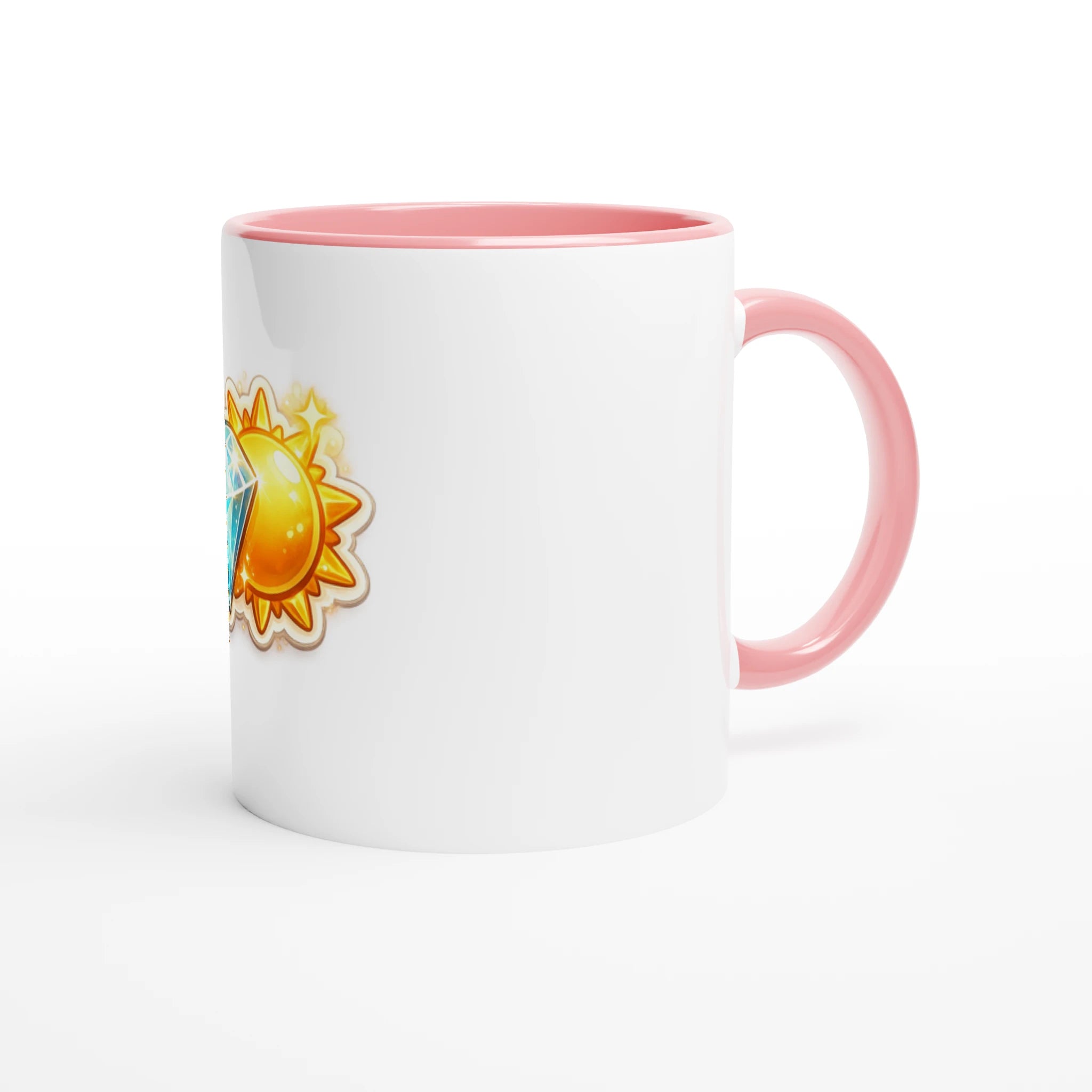 White mug with pink handle and sun design on a white background