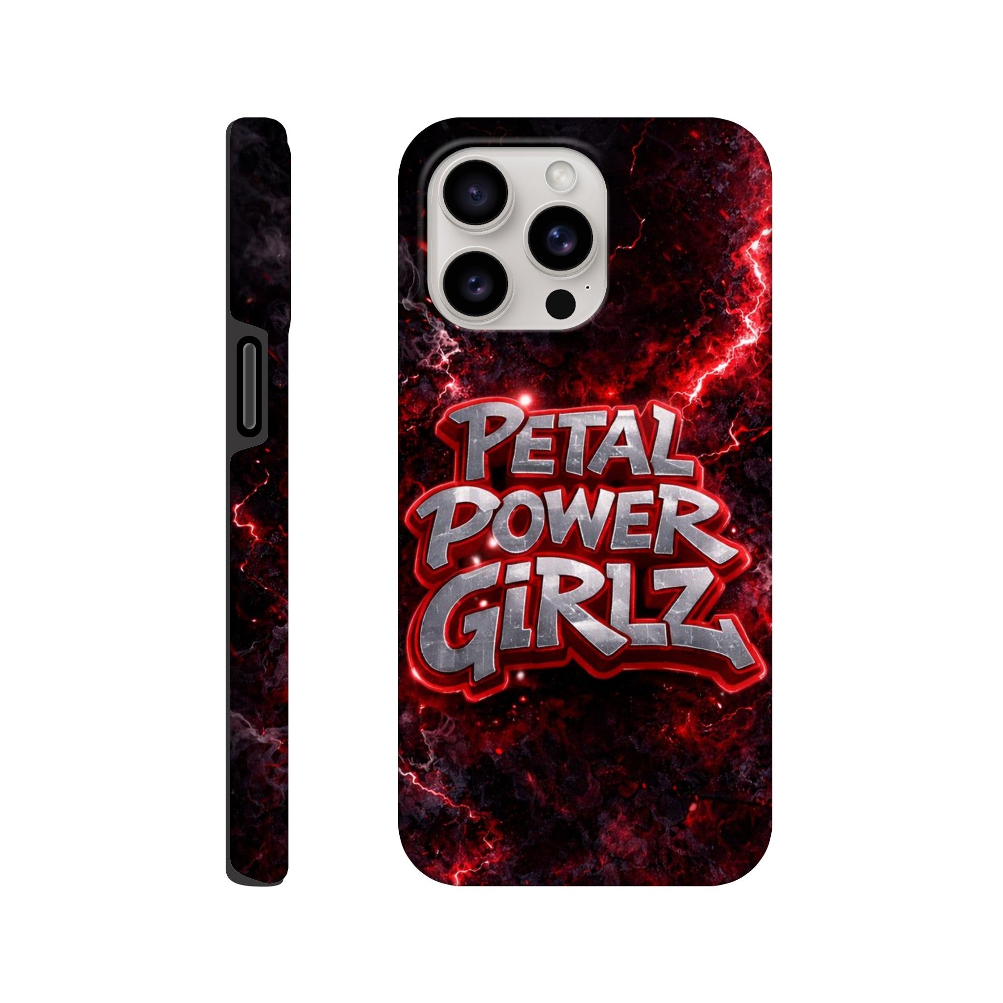 Phone case with 'Petal Power Girlz' design on a red and black background