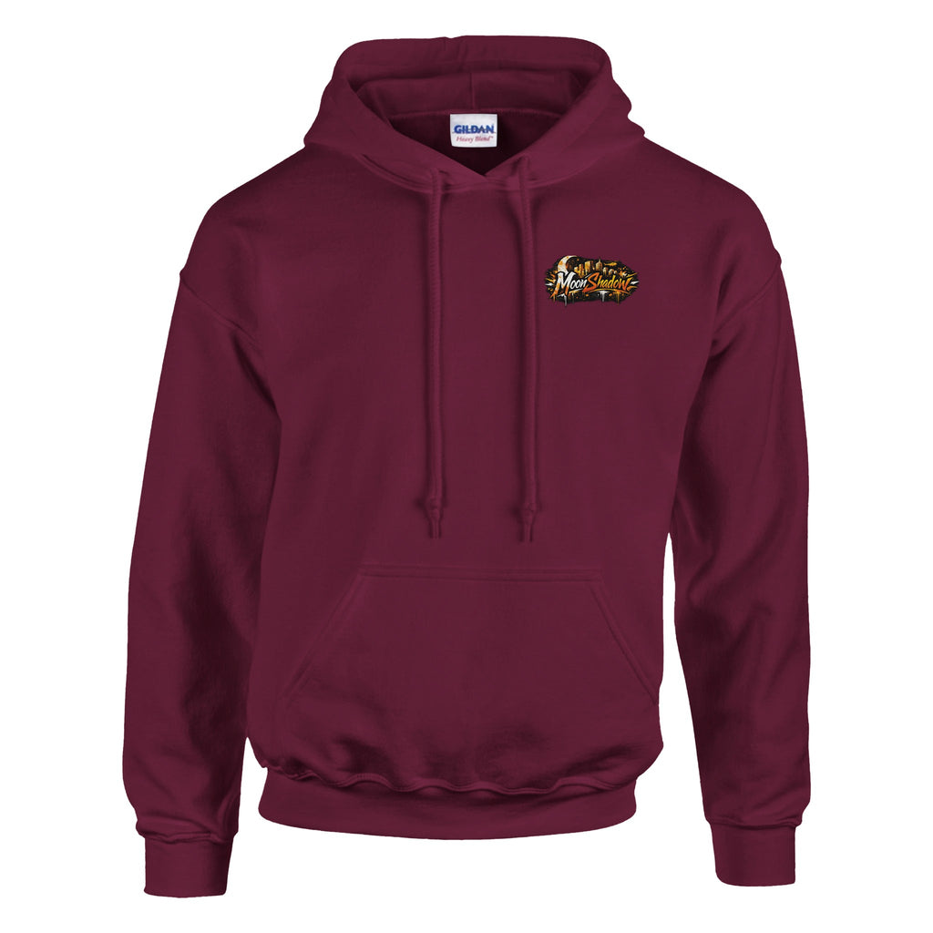 Maroon hoodie with a small logo on the chest against a white background