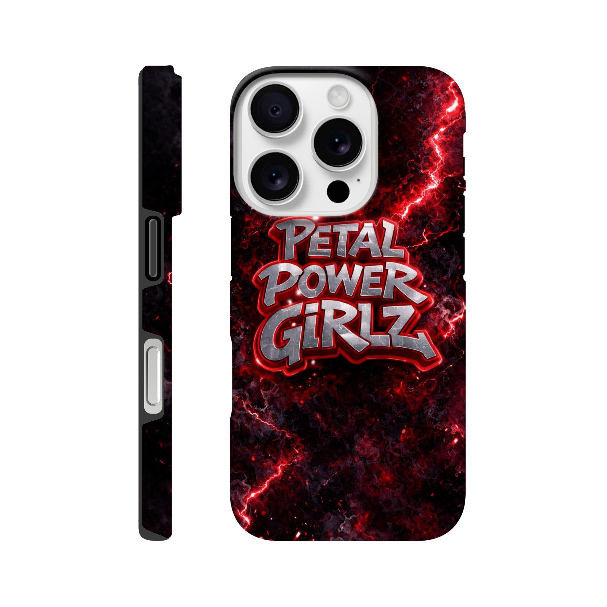 Phone case with 'Petal Power Girlz' design on a red and black background
