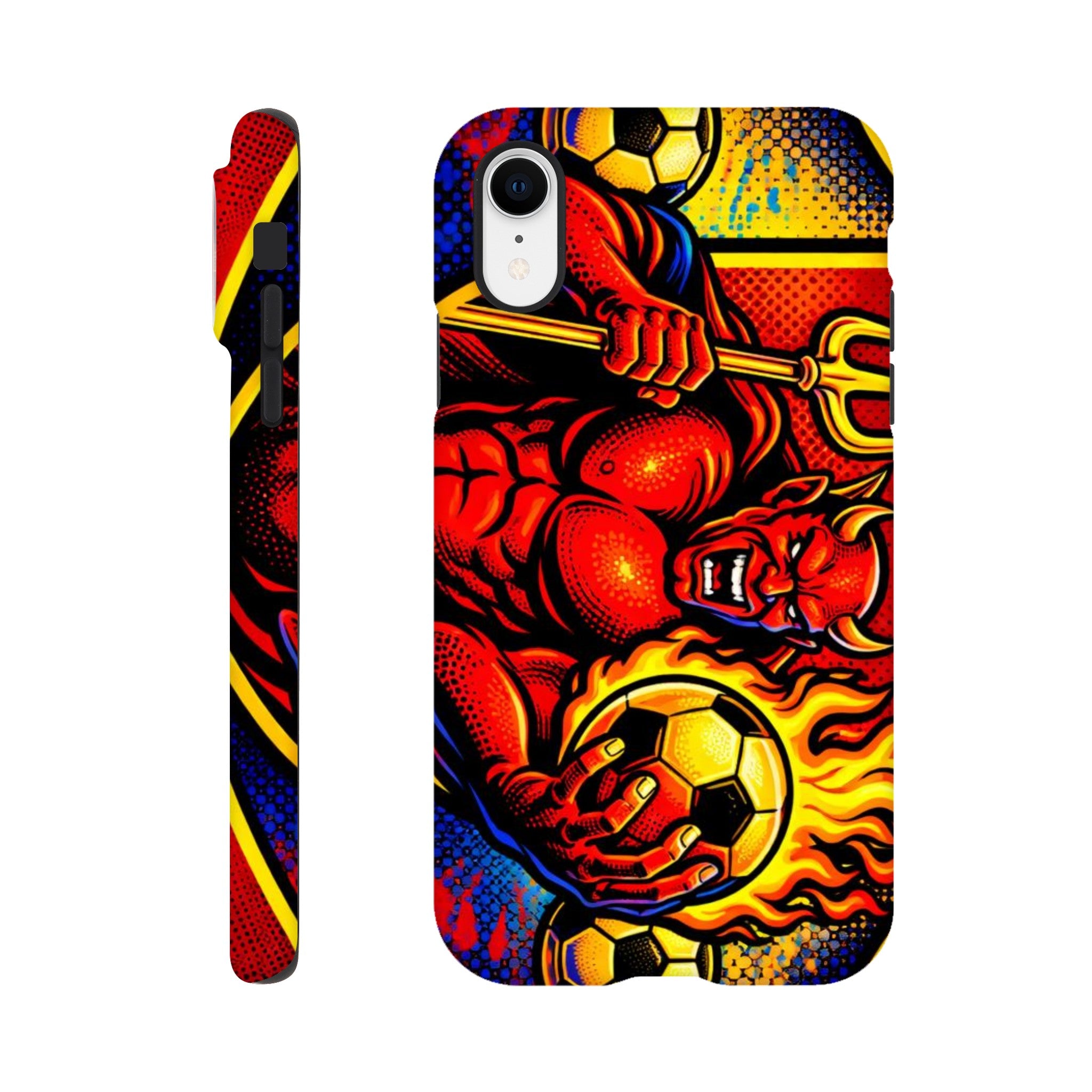 Phone case with a vibrant design of a red devil holding a soccer ball and a pitchfork, with flames and dynamic colors.