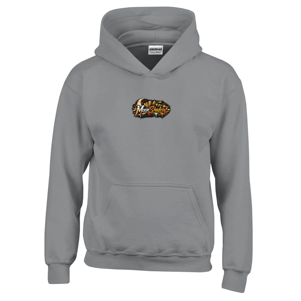 Gray hoodie with a logo on the chest against a white background