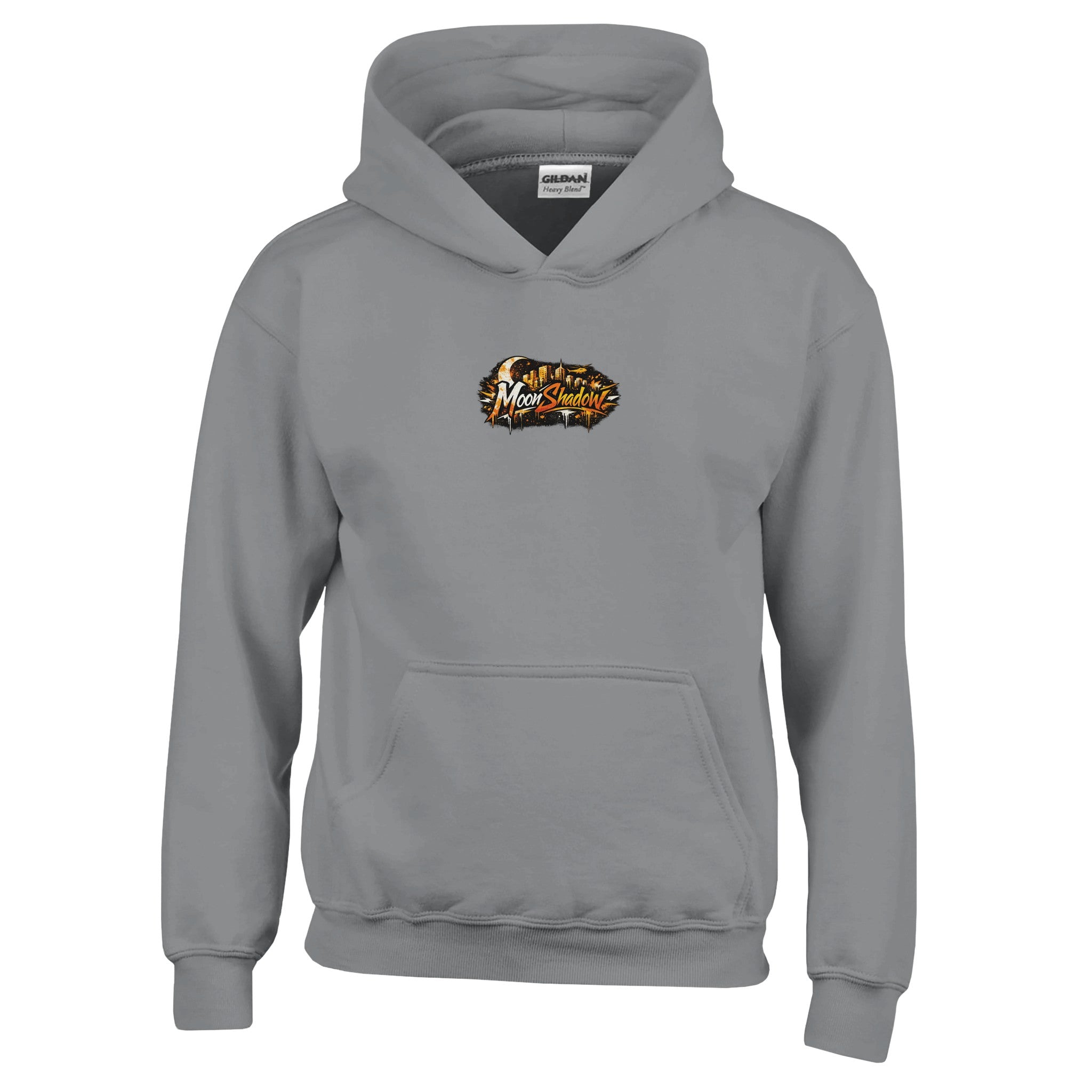 Gray hoodie with a logo on the chest against a white background