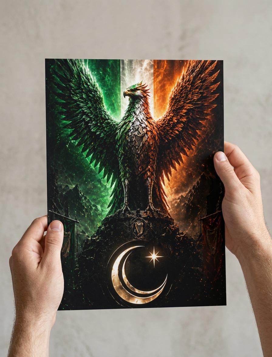 Two winged creatures with green and orange feathers standing on a crescent moon with a star, against a dark background being help up by 2 hands 