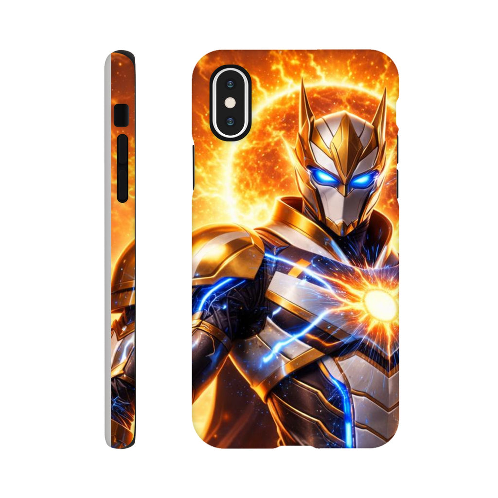 Phone case with a superhero design featuring flames and energy effects on a white background