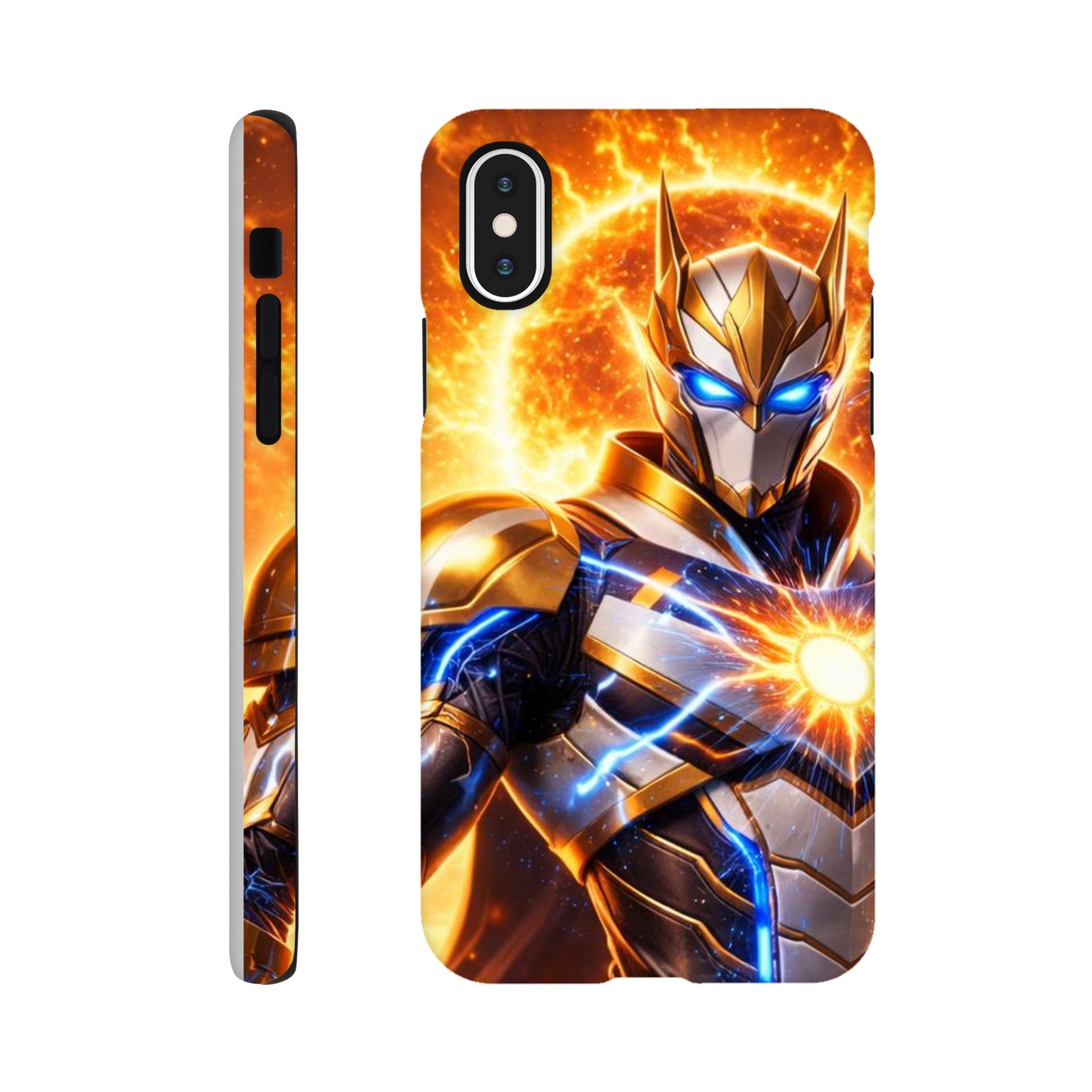 Phone case with a superhero design featuring flames and energy effects on a white background