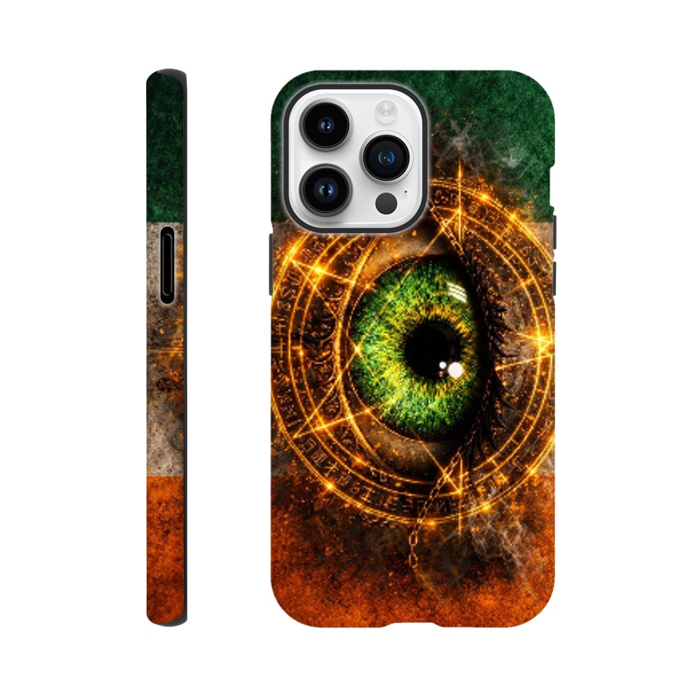 Phone case with eye design and mystical symbols on a white background