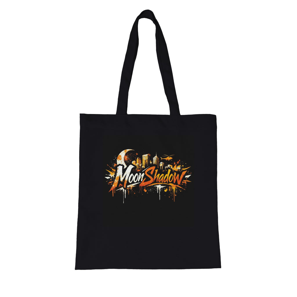 Black tote bag with 'MoonShadow' logo on a white background