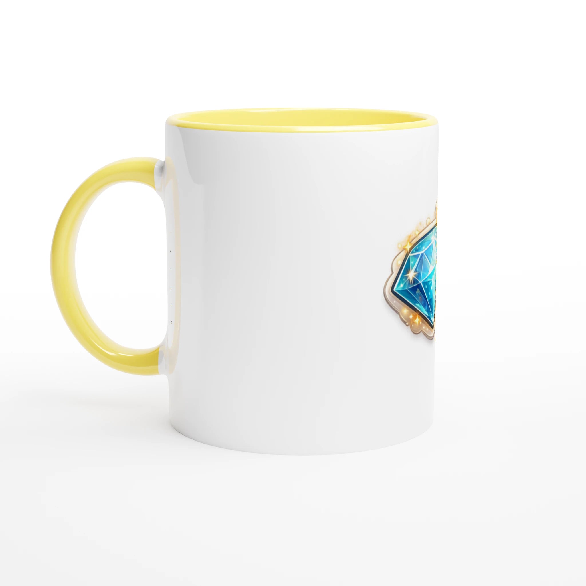 White mug with yellow handle featuring a blue geometric design on a white background