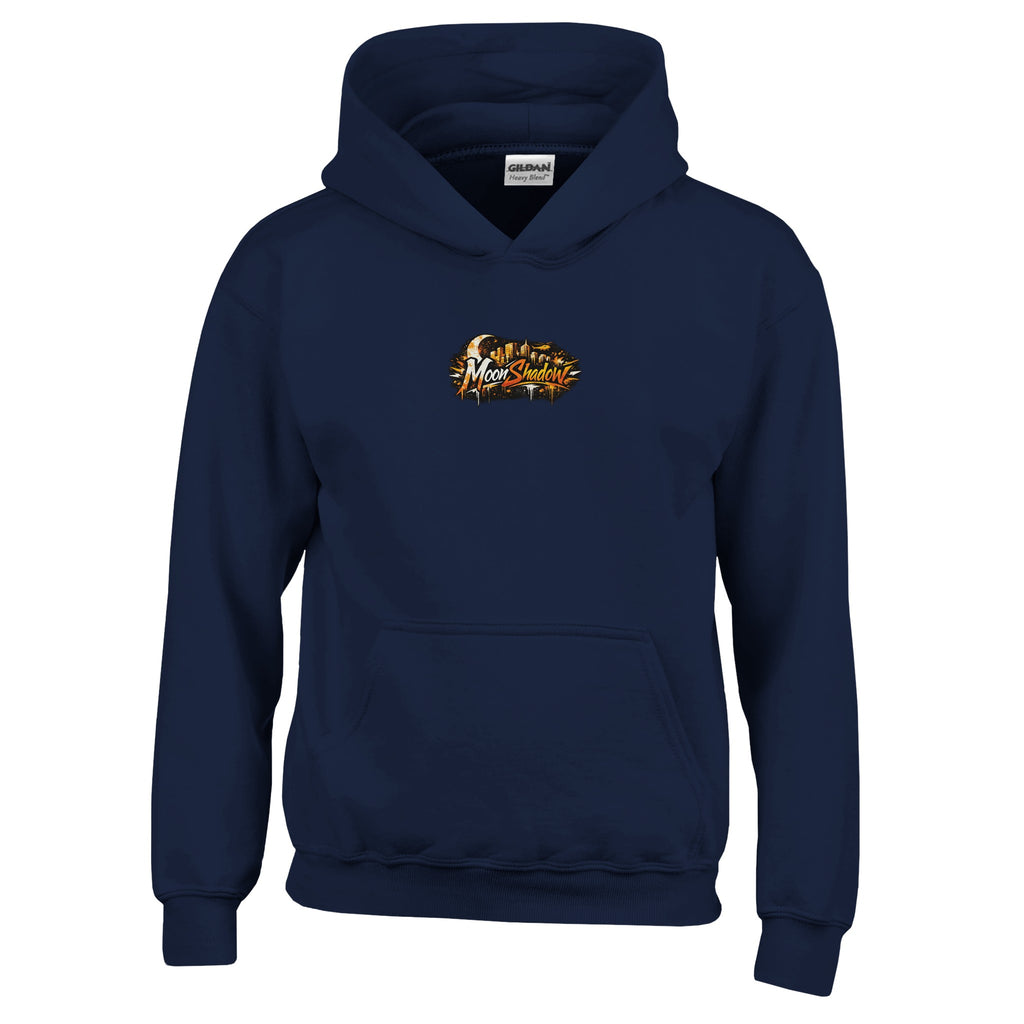 Navy blue hoodie with a logo on the chest against a white background