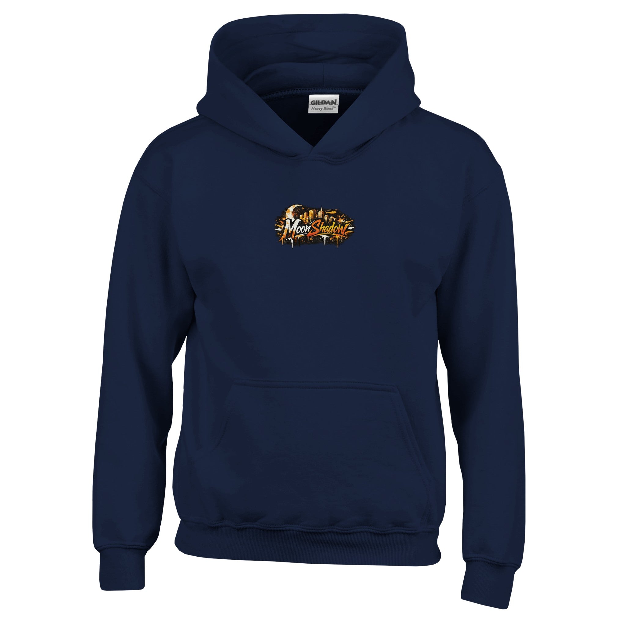 Navy blue hoodie with a logo on the chest against a white background