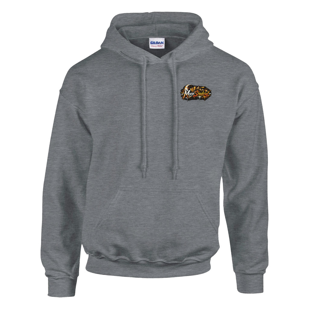 Gray hoodie with a logo on the chest against a white background