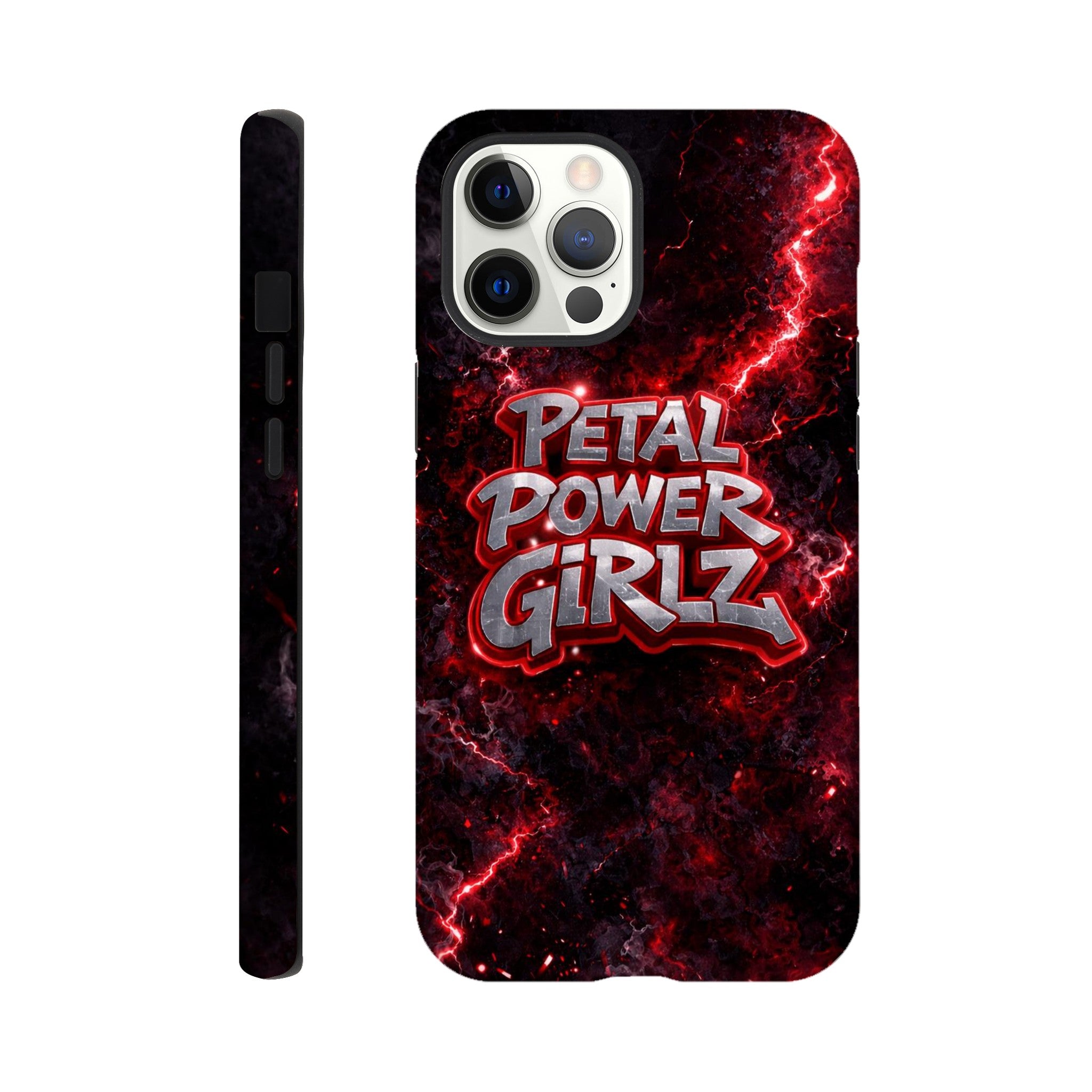 Phone case with 'Petal Power Girlz' design on a red and black background