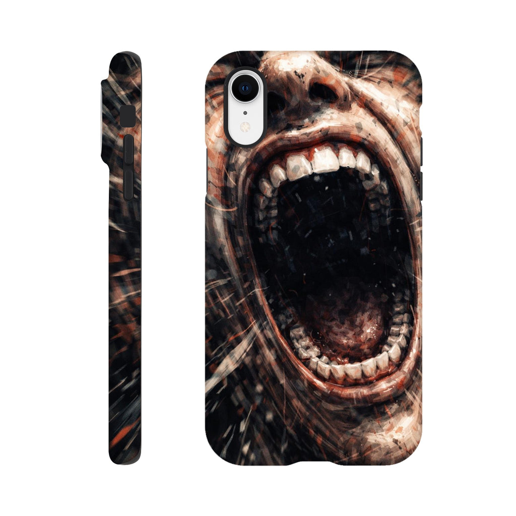 Phone case with a screaming face design on a white background