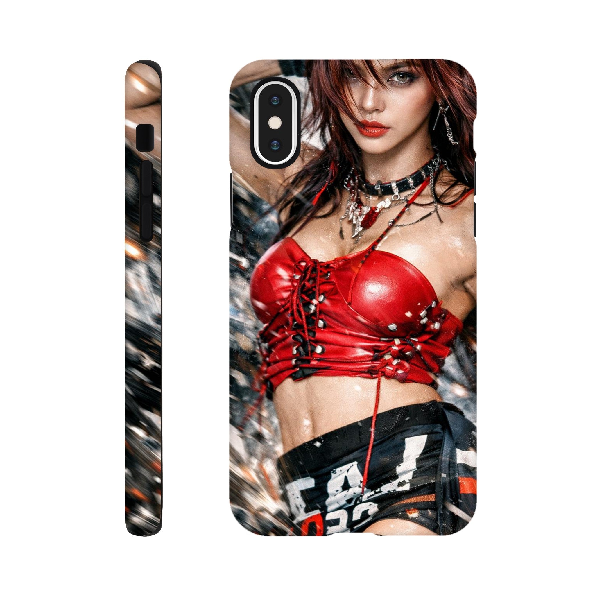 Phone case with a design of a person wearing a red top and black pants on a white background