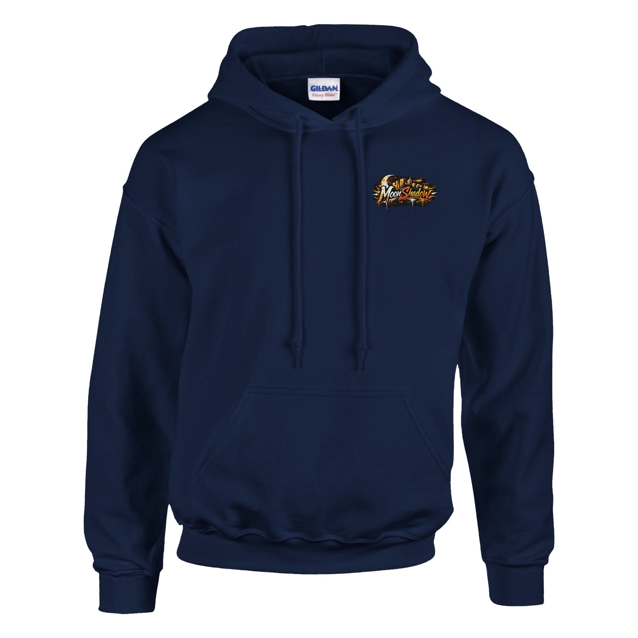 Navy blue hoodie with a logo on the chest against a white background