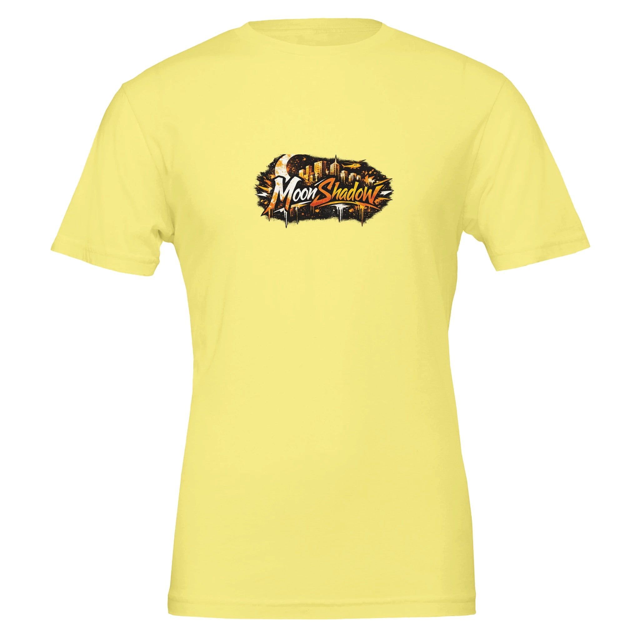 Yellow t-shirt with 'Moon Shadows' logo on a white background