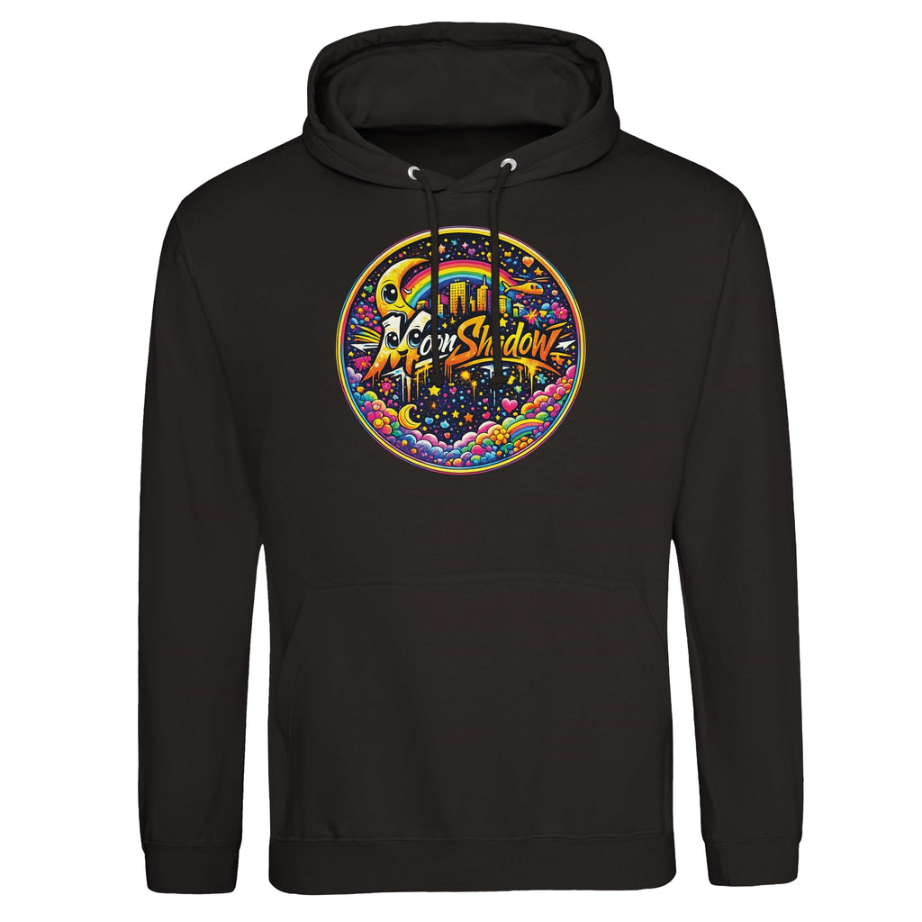 Black hoodie with colorful graphic design on a white background