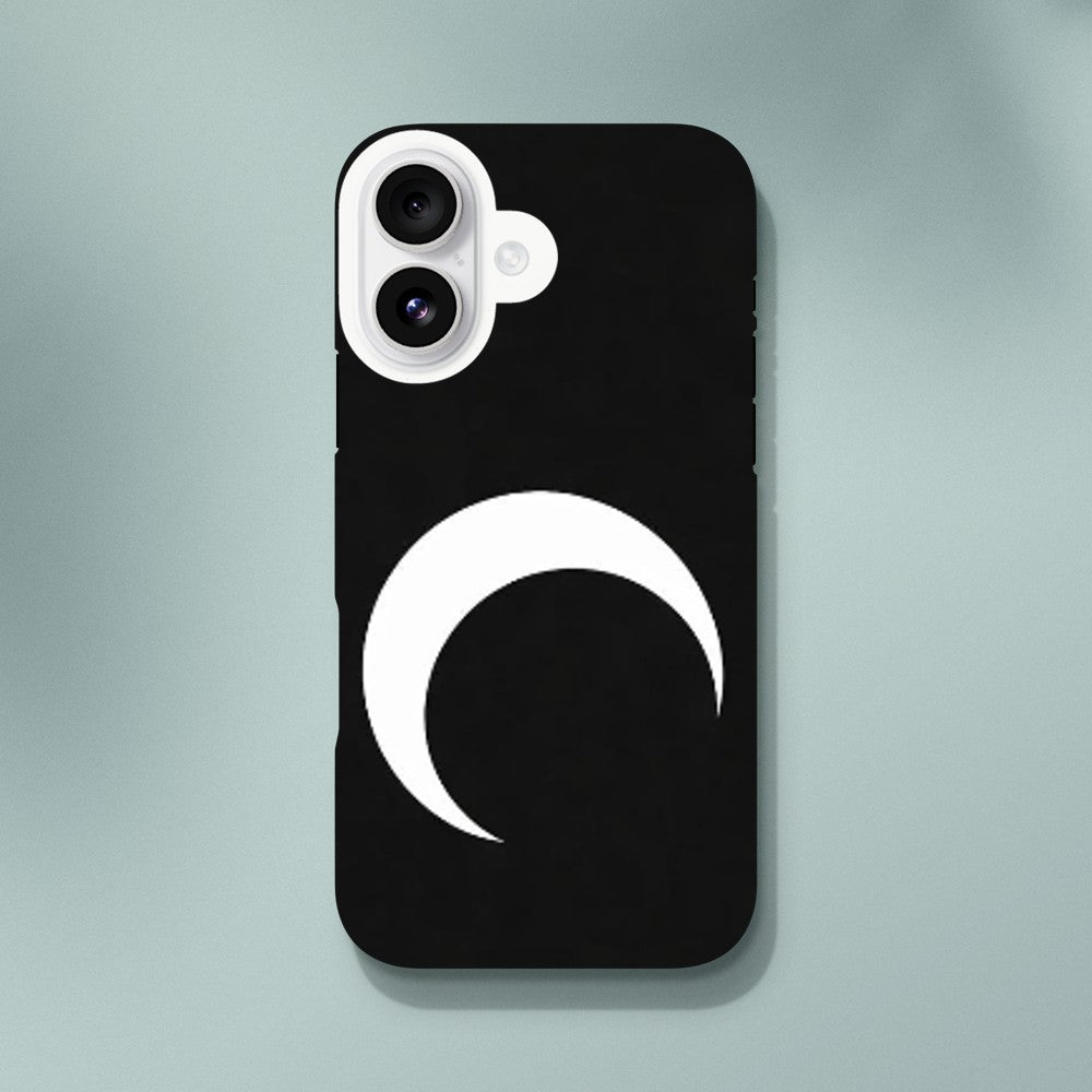 Phone case with a white crescent moon design on a black background