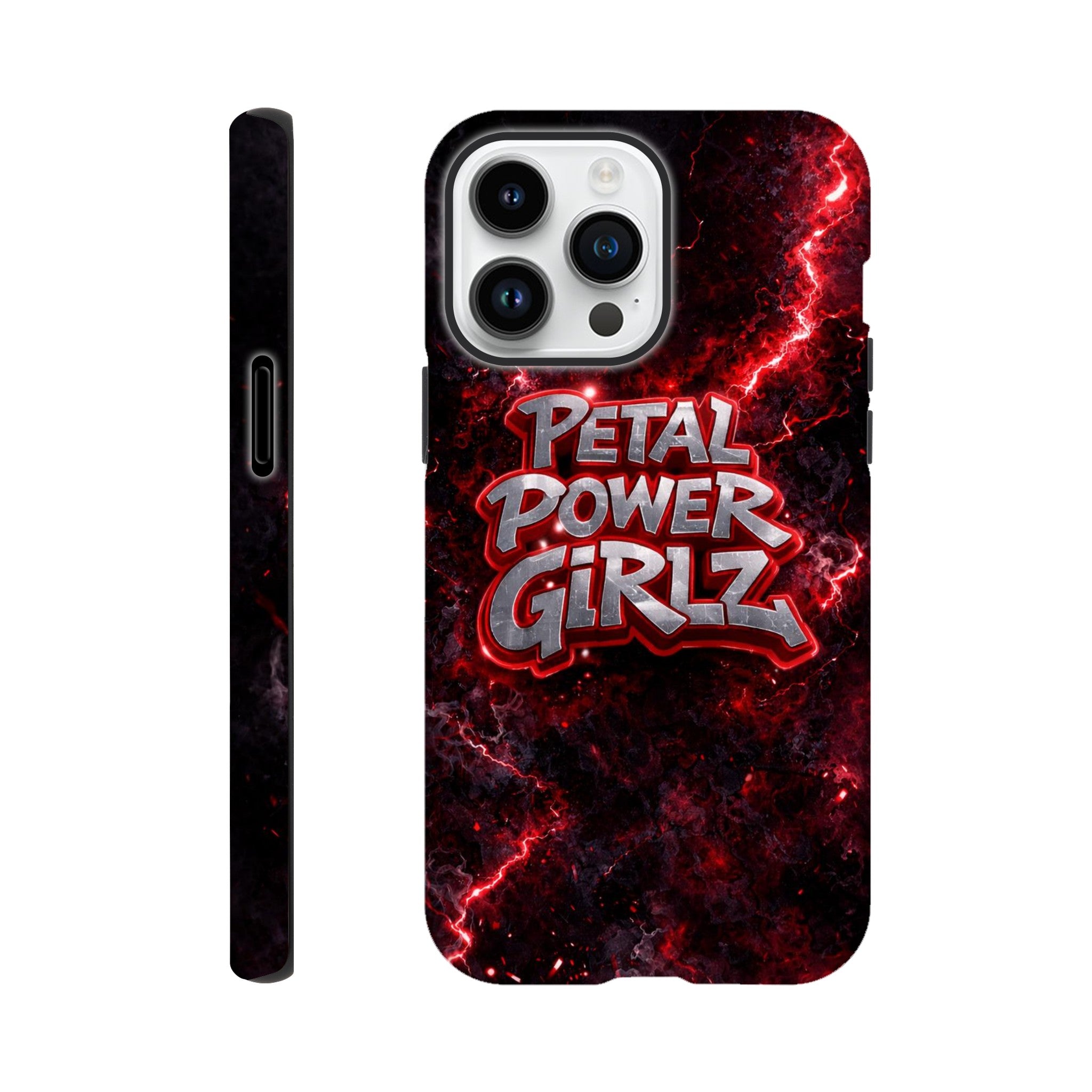 Phone case with 'Petal Power Girlz' design on a red and black background
