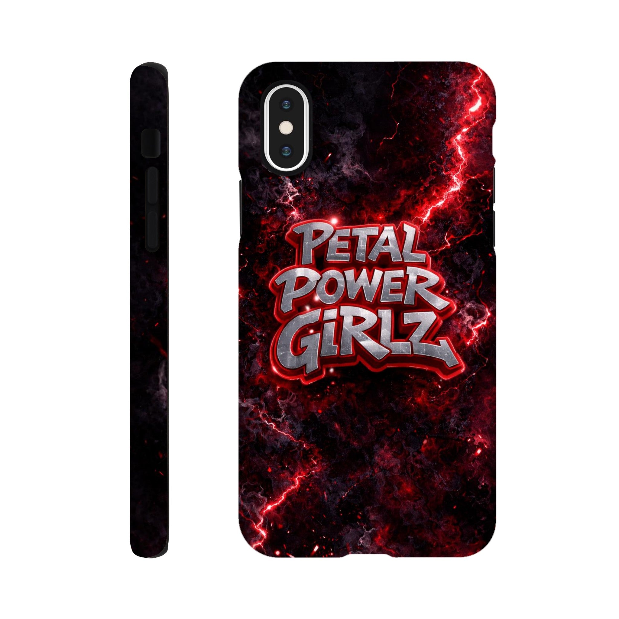 Phone case with 'Petal Power Girlz' design on a dark background with red accents
