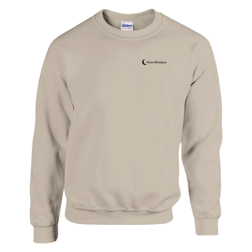 Beige sweatshirt with a logo on the chest against a white background
