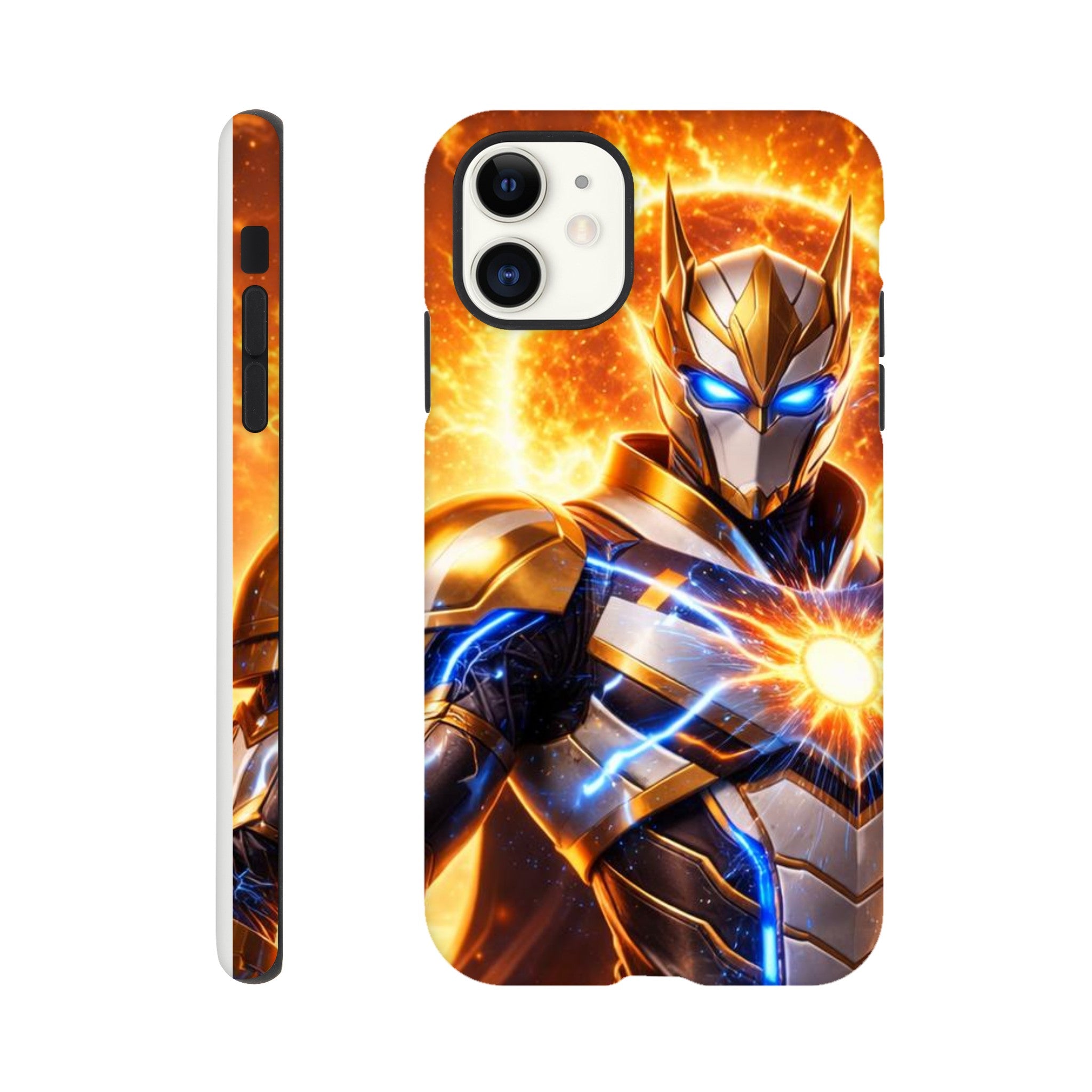 Phone case with a superhero design featuring flames and energy effects on a white background