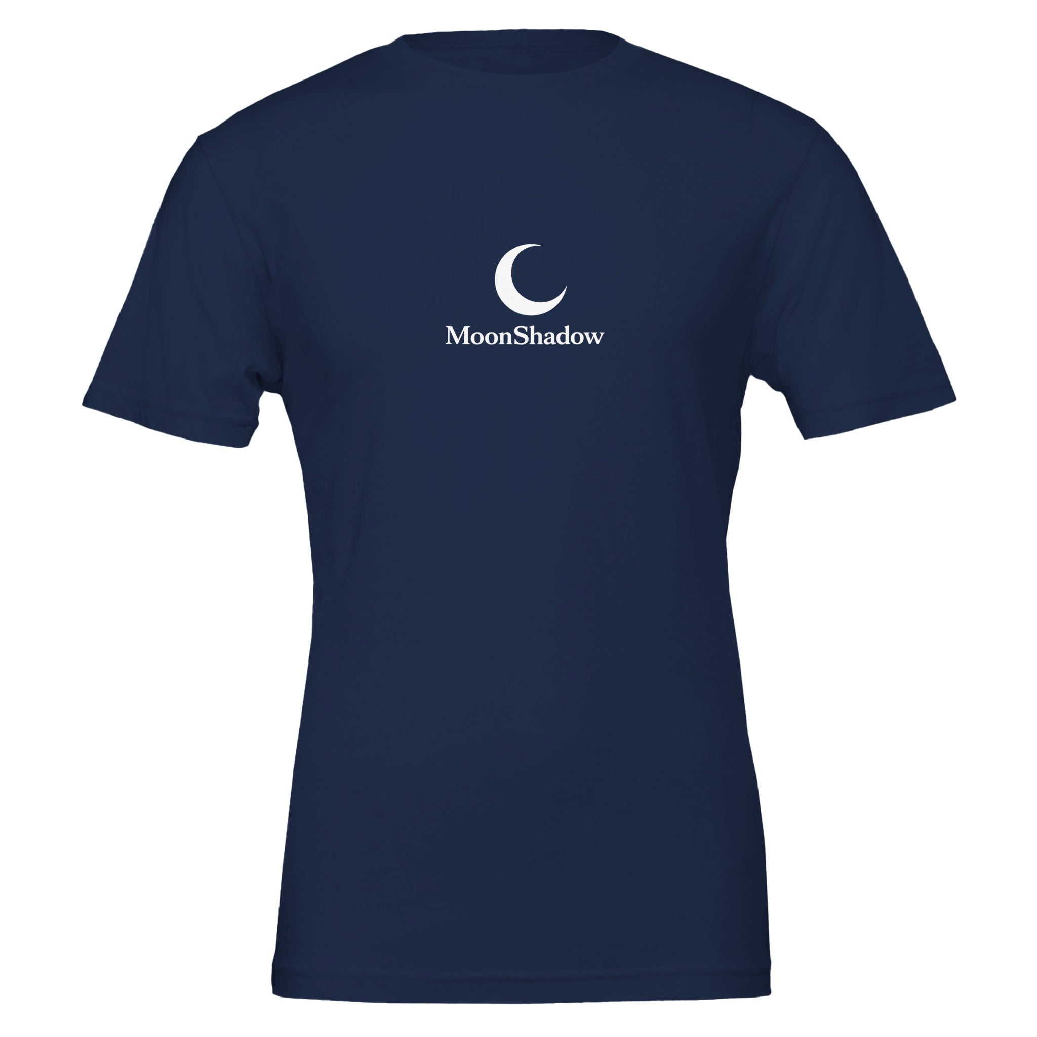 Navy blue t-shirt with 'MoonShadow' logo on a white background