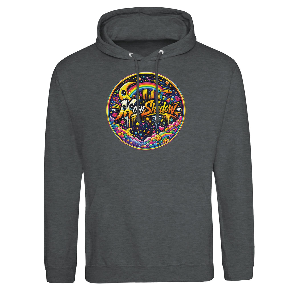 Gray hoodie with colorful 'Moon Shadow' logo on a white background