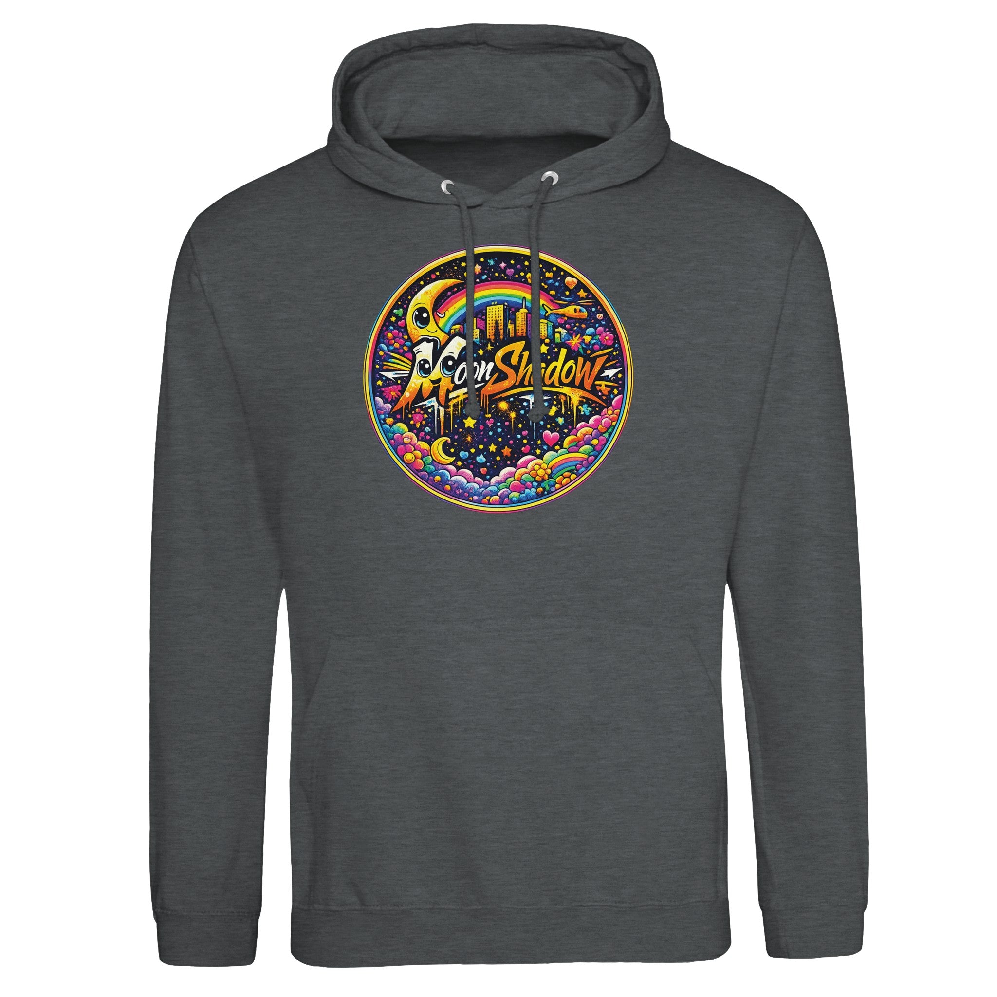 Gray hoodie with colorful 'Moon Shadow' logo on a white background