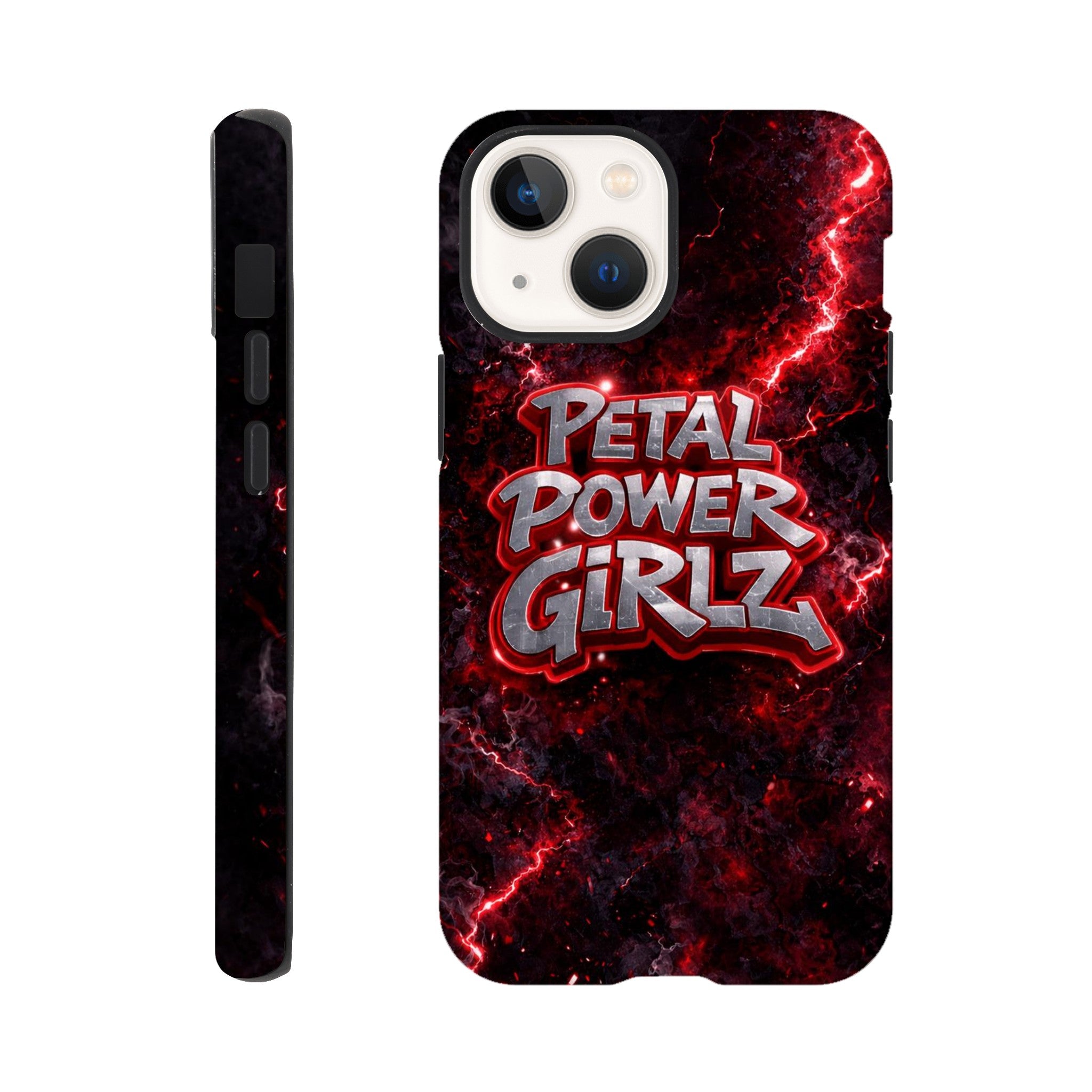 Phone case with 'Petal Power Girlz' design on a black and red background
