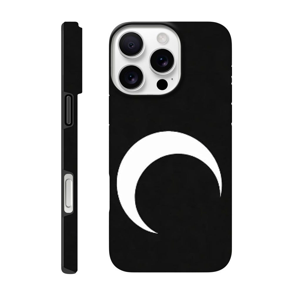 Black phone case with a white crescent moon design on a white background