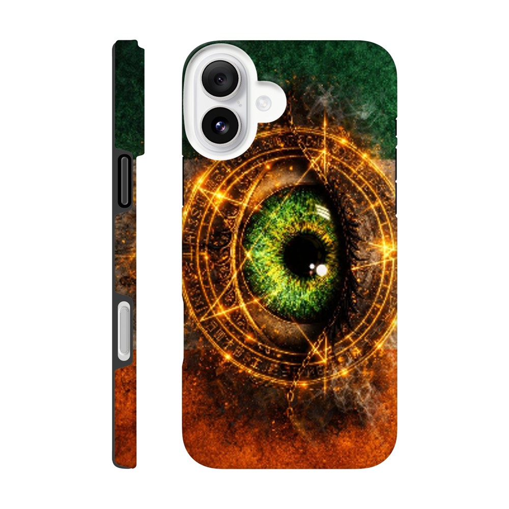 Phone case with eye design and mystical symbols on a white background
