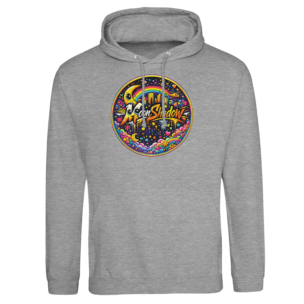 Gray hoodie with colorful 'Fool's Shadow' logo on a white background
