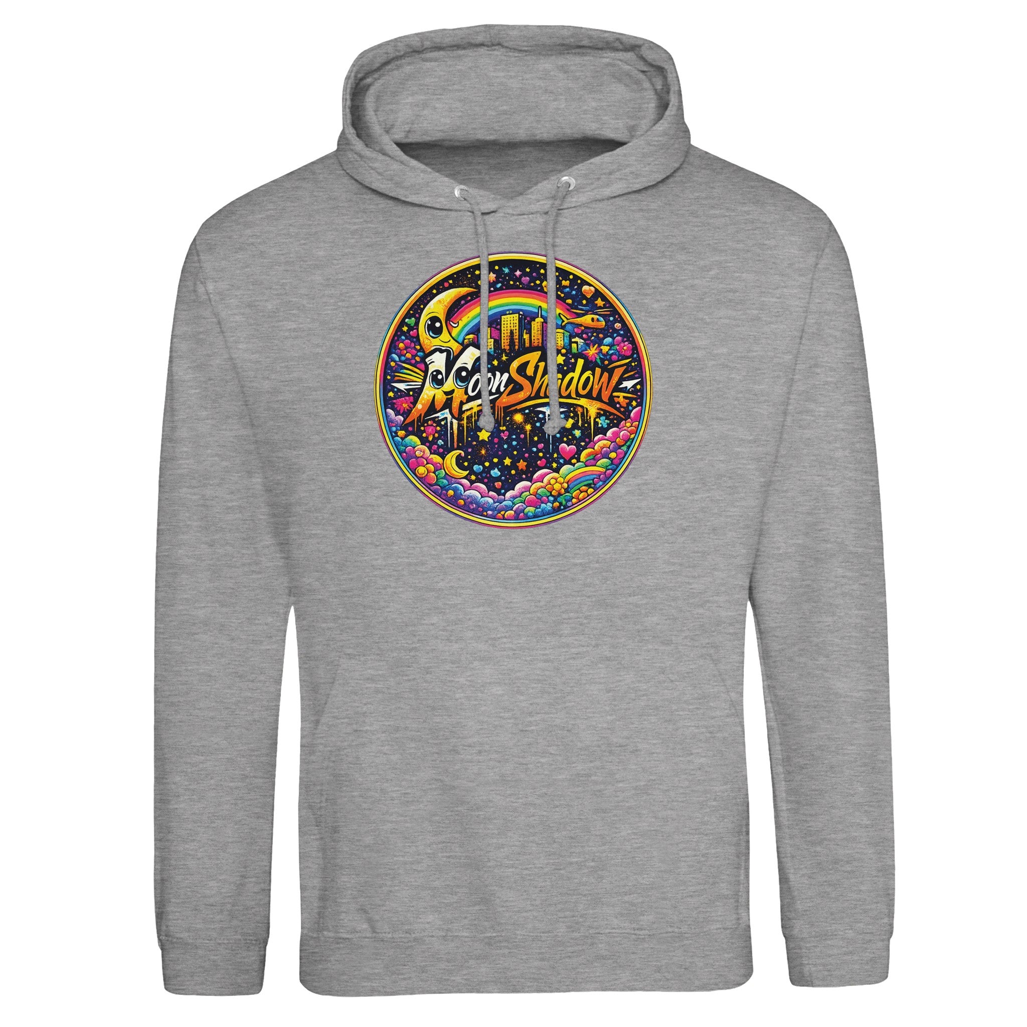 Gray hoodie with colorful 'Fool's Shadow' logo on a white background