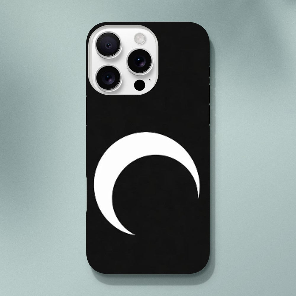 Black phone case with a white crescent moon design on a light gray background